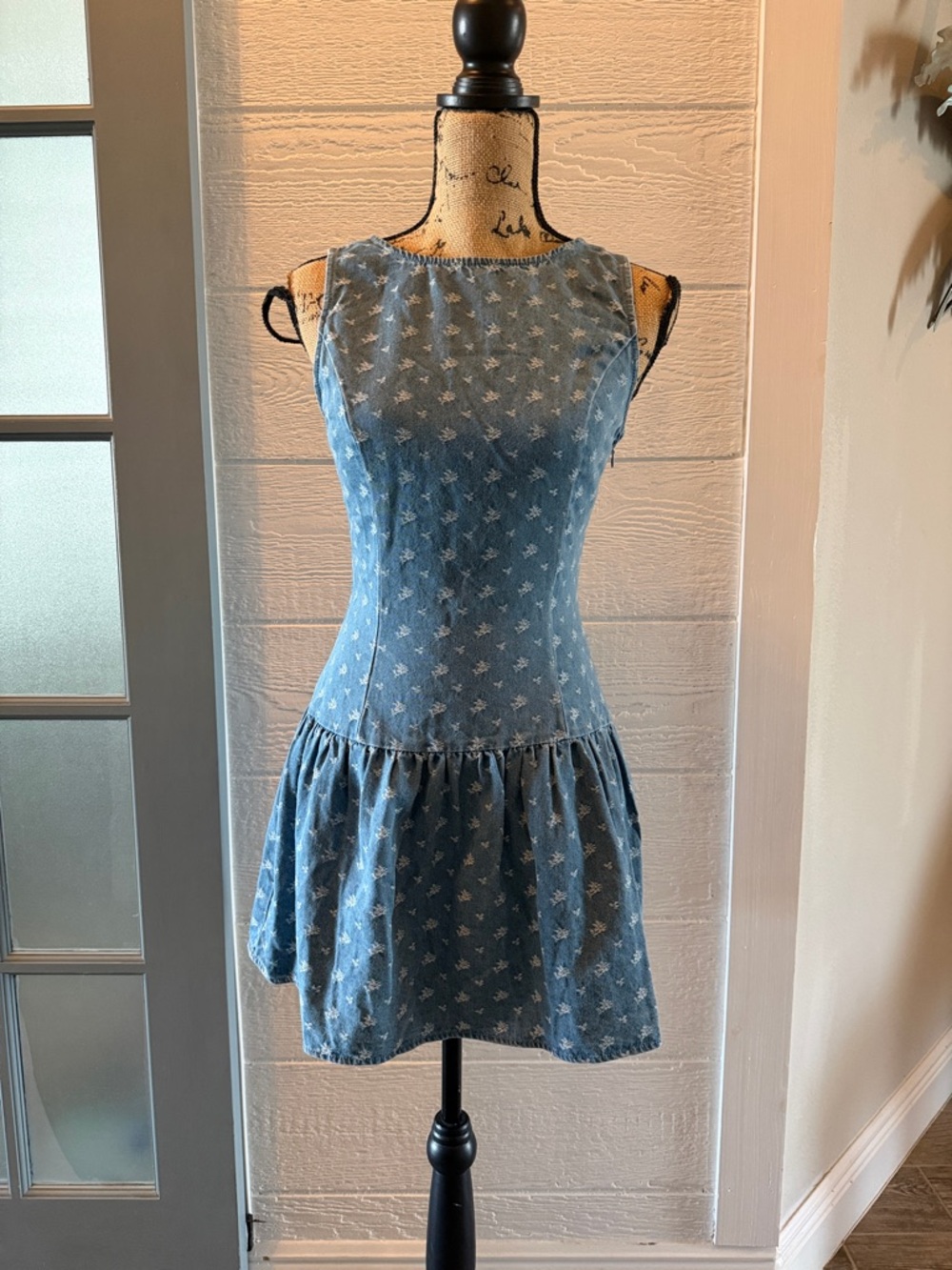 Papermoon Light Blue Denim Floral Mini Dress size small